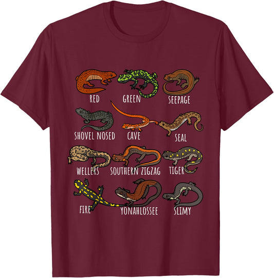 Type Of Salamander Lizards Lovers Cute Colorful Salamanders T-Shirt - T-Shirt | Maroon