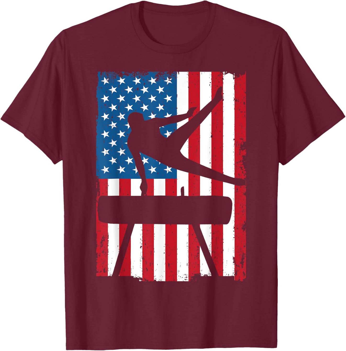 Gymnastics Pommel Horse American Flag Vintage Sports USA T-Shirt - T-Shirt | Maroon