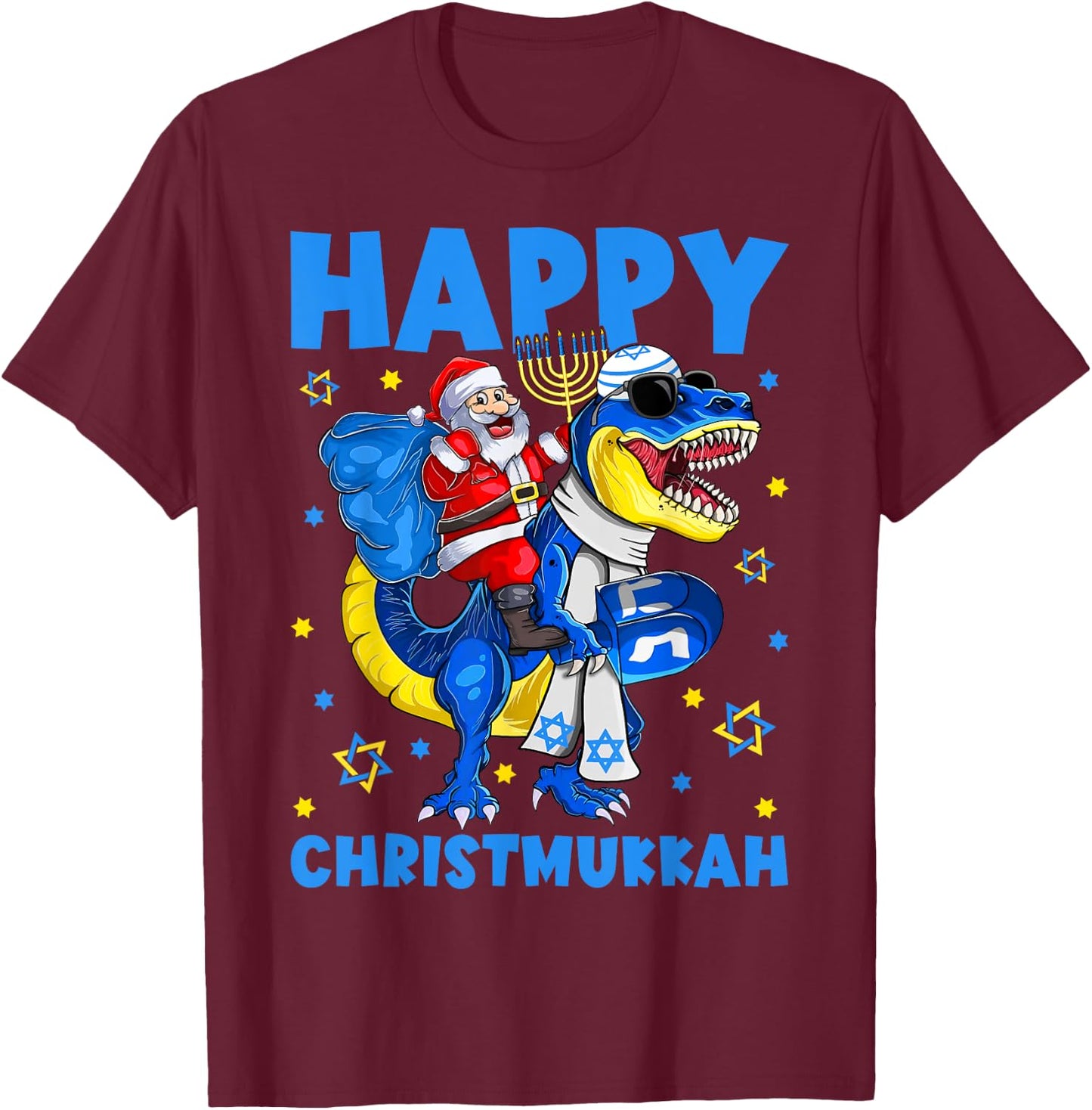 Happy Christmukkah Santa Rides Jewish T Rex Menorah Chanukah T-Shirt - T-Shirt | Maroon