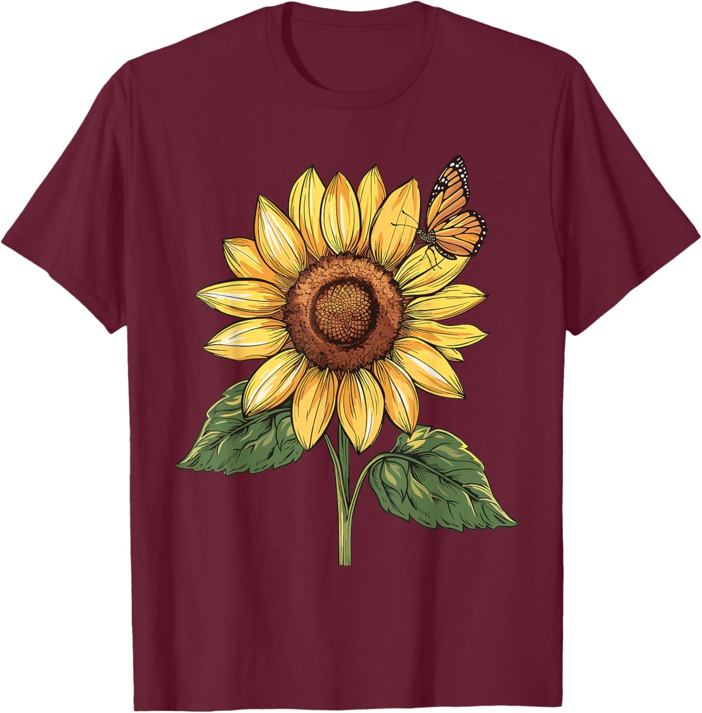 Sunflower and Butterfly T-Shirt - T-Shirt | Maroon