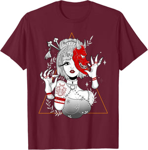 Japanese Demon Culture Samurai Geisha Girl Hannya Gift T-Shirt - T-Shirt | Maroon