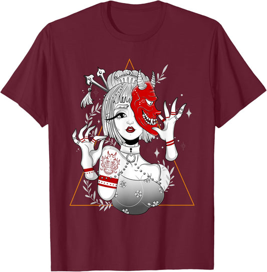 Japanese Demon Culture Samurai Geisha Girl Hannya Gift T-Shirt - T-Shirt | Maroon