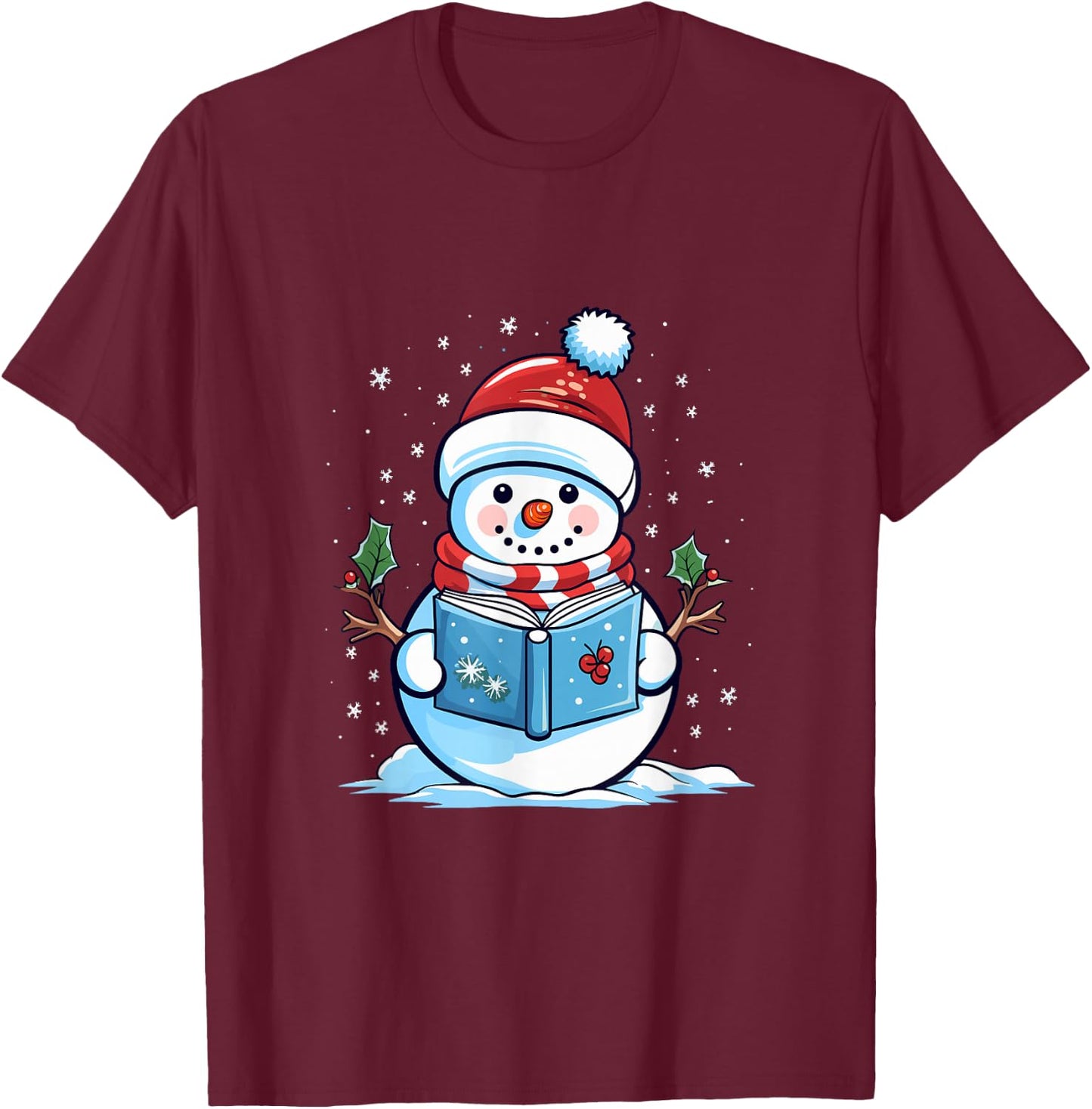 Snowman Reading Book Christmas T-Shirt - T-Shirt | Maroon
