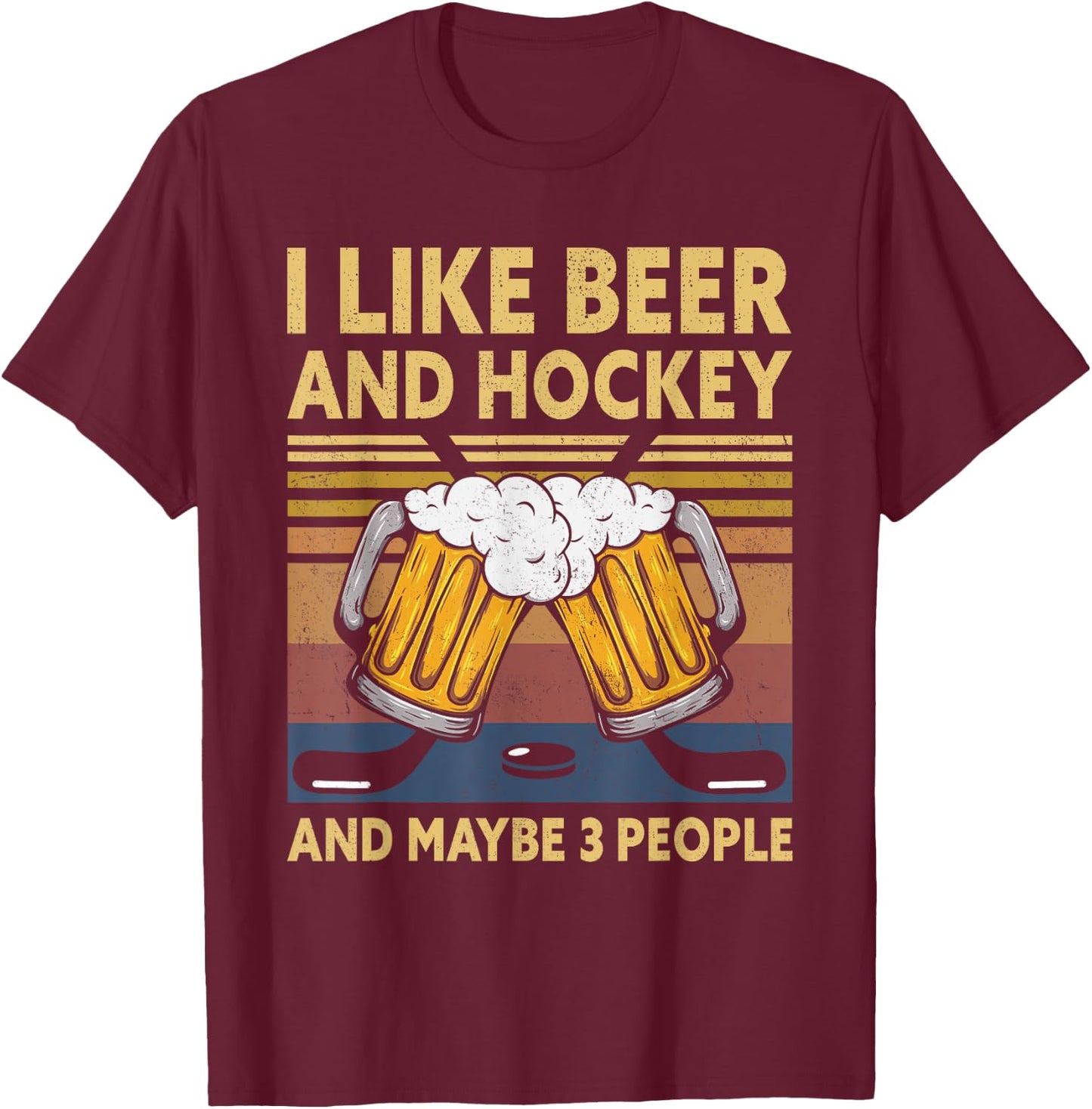 1970s Retro Vintage I Like Beer Hockey And Maybe 3 People T-Shirt - T-Shirt | Maroon