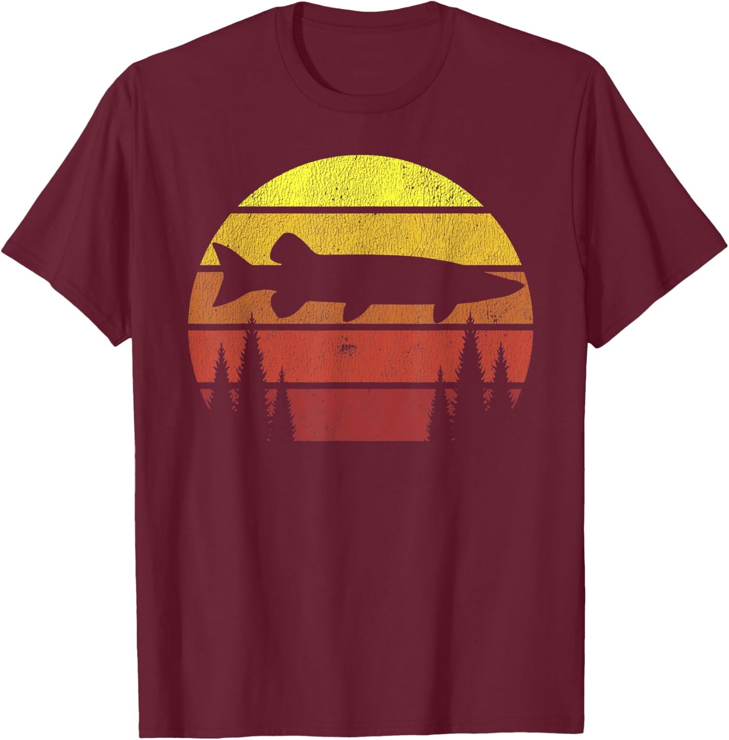 Musky Fishing Retro Muskie Forest Treeline - Fisherman T-Shirt - T-Shirt | Maroon