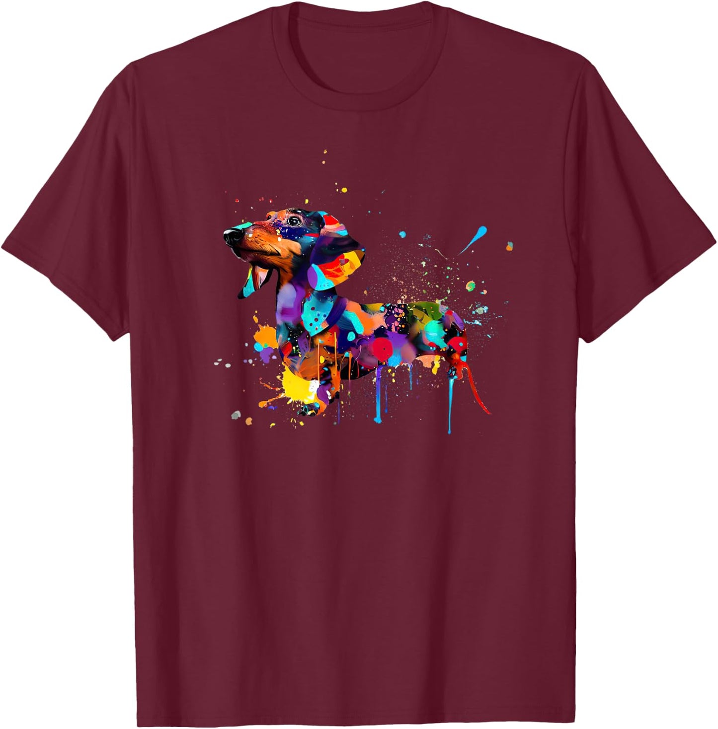 Dachshund Colorful Splashes Paint, Abstract Art Dog Men Women Girls Kids T-Shirt - T-Shirt | Maroon