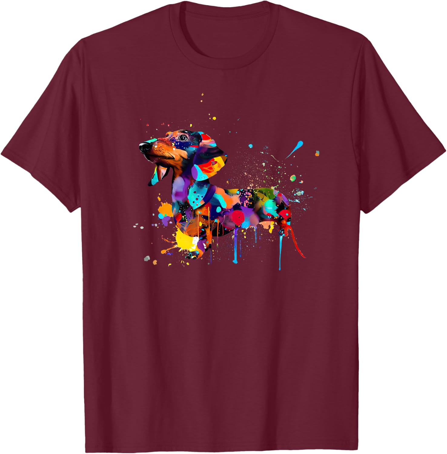 Dachshund Colorful Splashes Paint, Abstract Art Dog Men Women Girls Kids T-Shirt - T-Shirt | Maroon