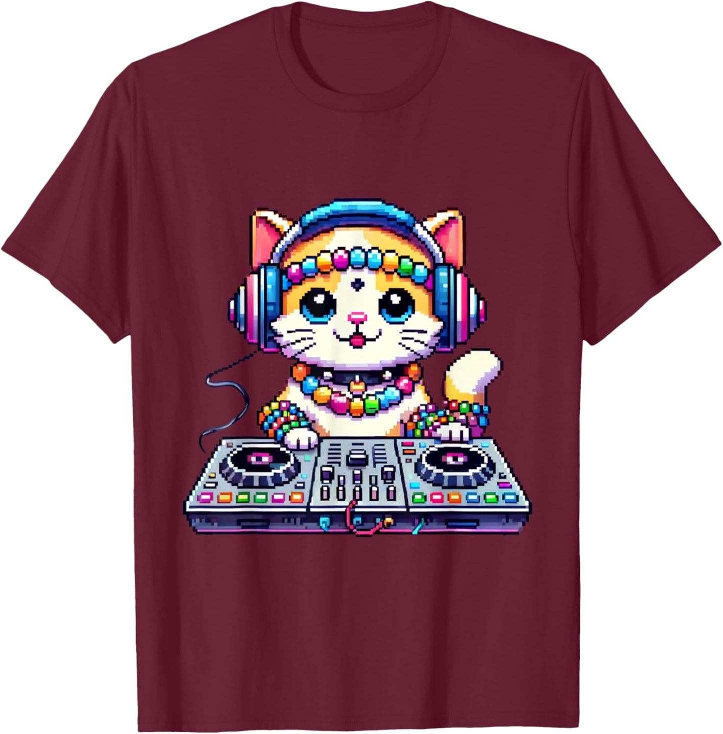 Funny Graphic Pixel Kandi DJ Cat Festival Rave EDM Party EDC Women T-Shirt - T-Shirt | Maroon