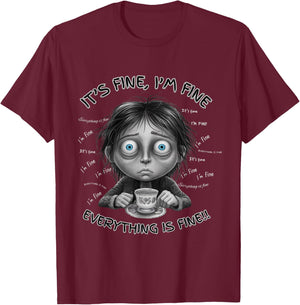 Exhausted Parent Funny Moody Coffee Chaos Cartoon Design T-Shirt - T-Shirt | Maroon