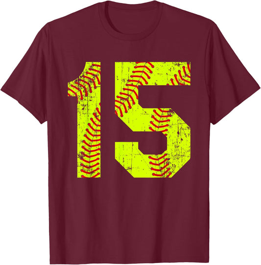 Vintage Softball 15 Jersey Number T-Shirt - T-Shirt | Maroon