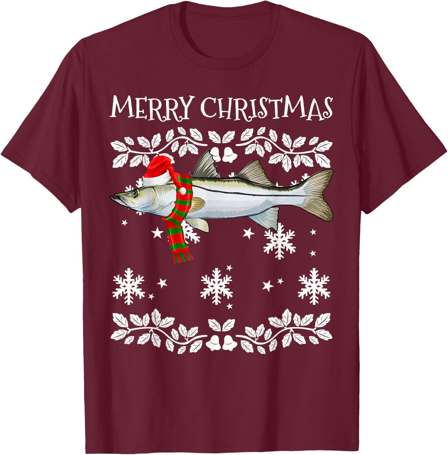 Fish Merry Christmas Ornament Snook Ugly Xmas T-Shirt - T-Shirt | Maroon