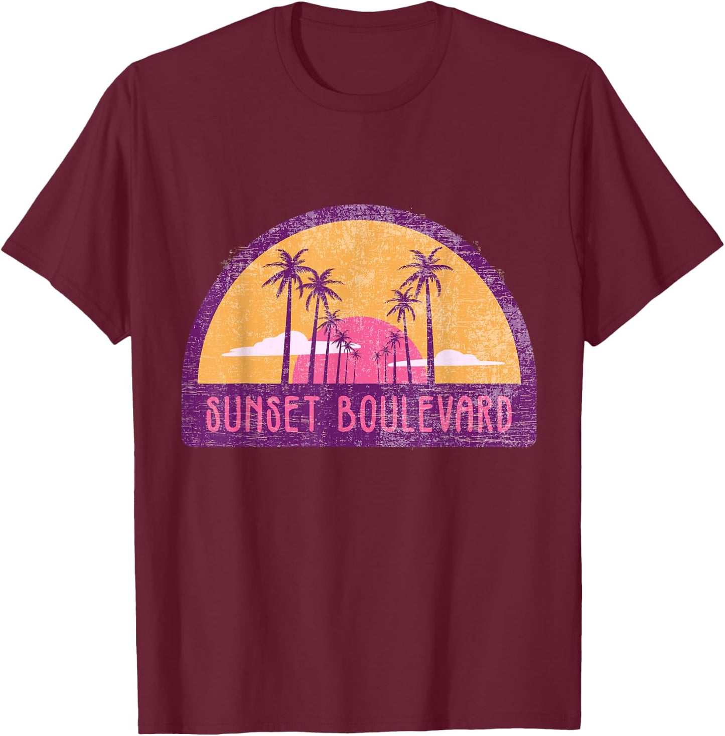 Vintage Sunset Blvd California Distressed Grunge Retro 80s T-Shirt - T-Shirt | Maroon