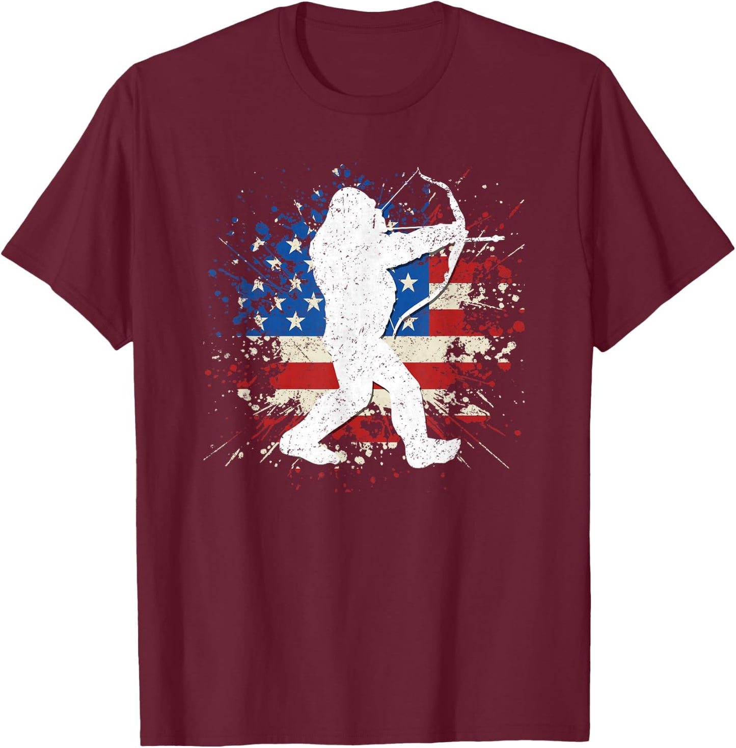 Bigfoot Bow Hunting Archery American Flag Sasquatch Hunter T-Shirt - T-Shirt | Maroon