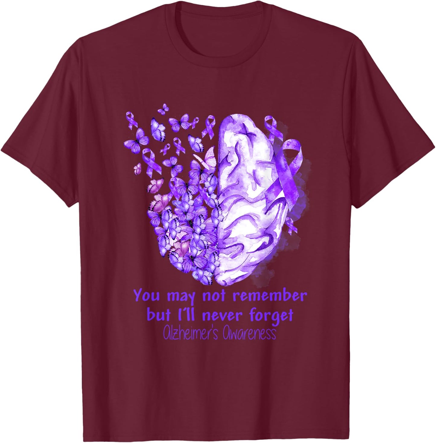 Alzheimer's awareness, Dementia gift, Purple Butterfiles T-Shirt - T-Shirt | Maroon
