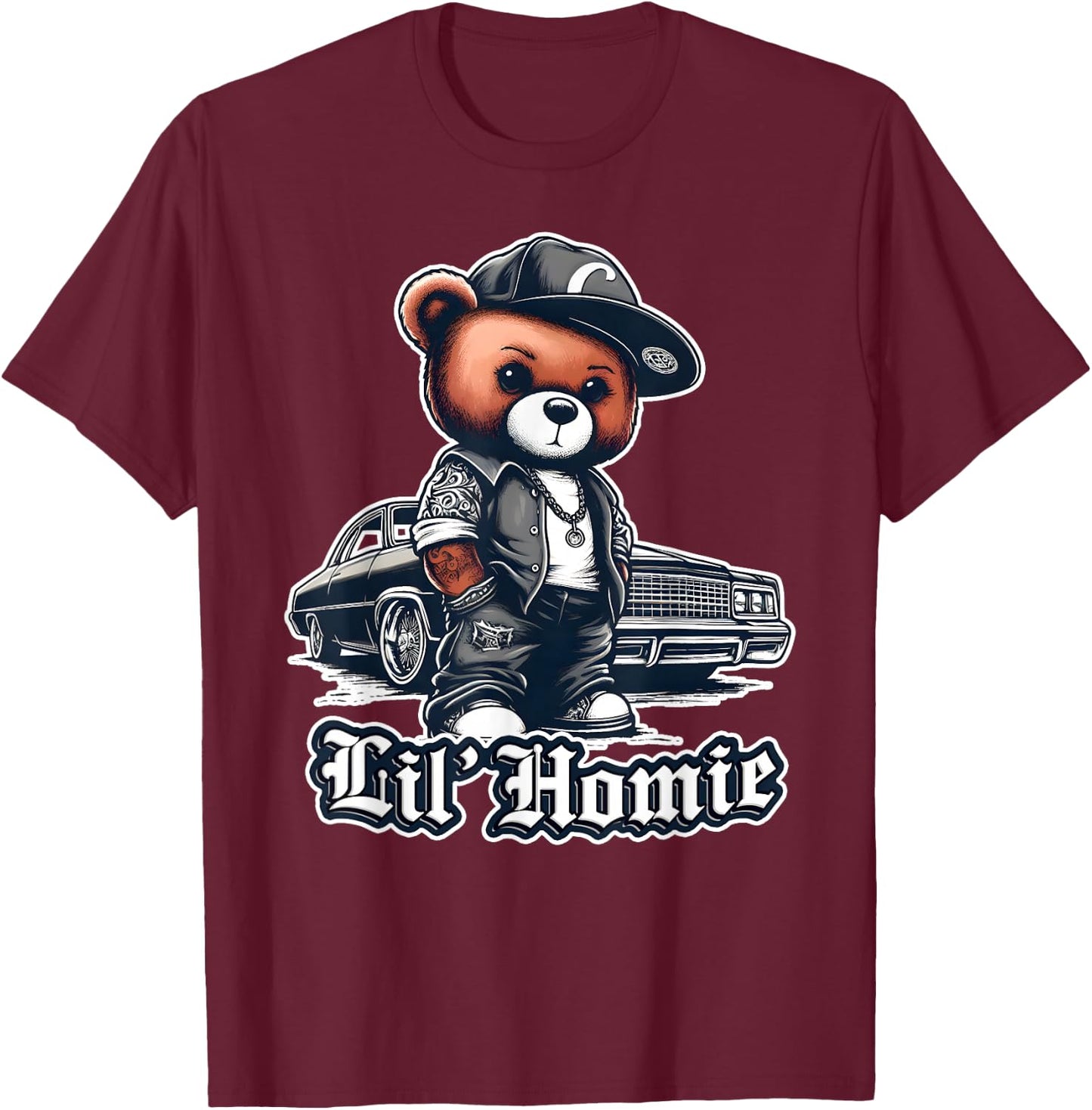 Lil Homie Shirt Cute Teddy Bear Hip Hop Lowrider Chicano T-Shirt - T-Shirt | Maroon