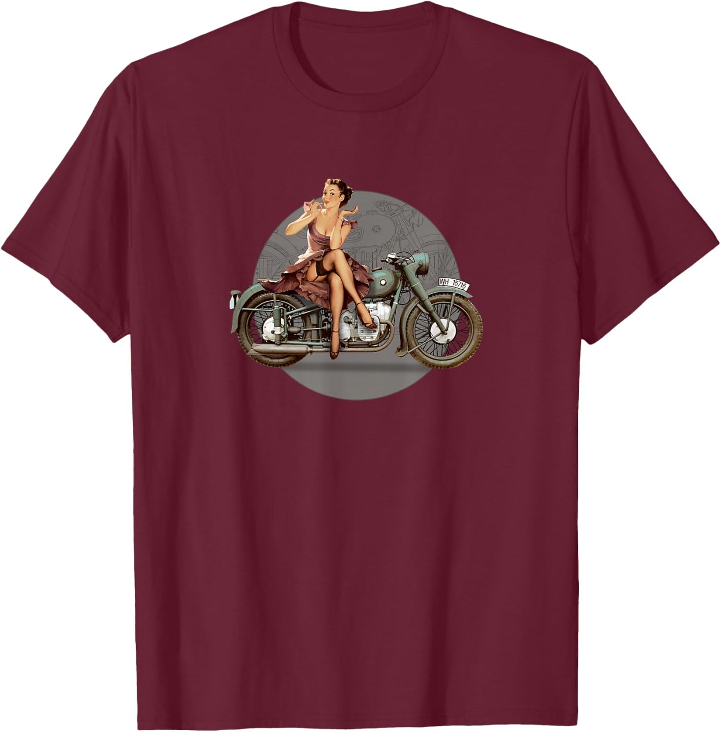 WWII Retro Pin Up Motorcycle Poster T-Shirt - T-Shirt | Maroon