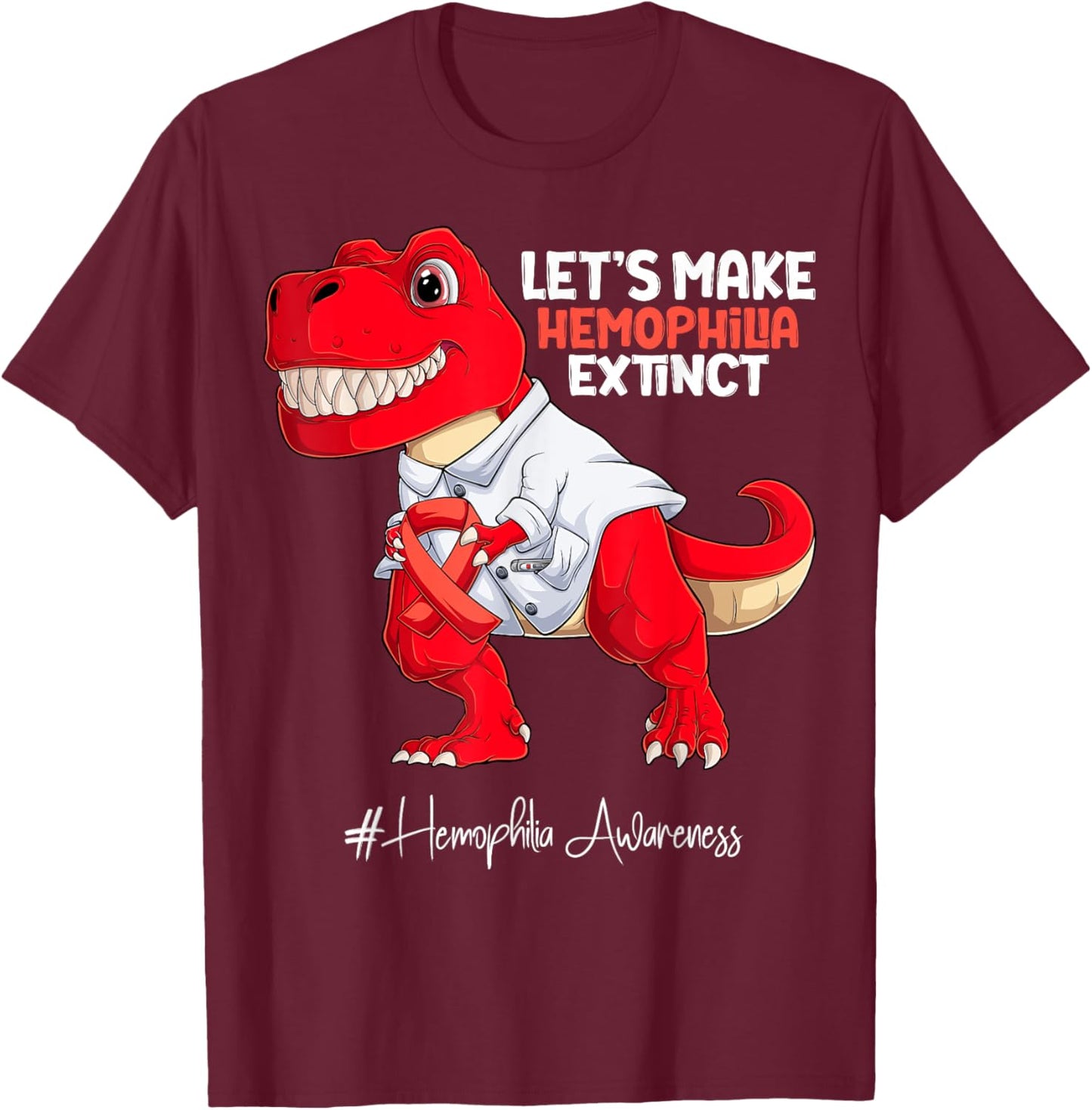 Red Ribbon Trex Hemophilia Awareness T-Shirt - T-Shirt | Maroon