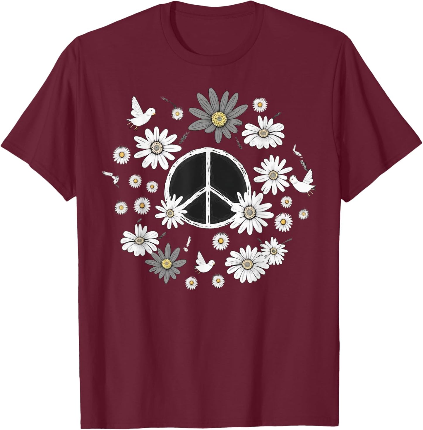 PEACE SIGN LOVE 60s 70s Daisy Flower Hippie Costume T-Shirt - T-Shirt | Maroon