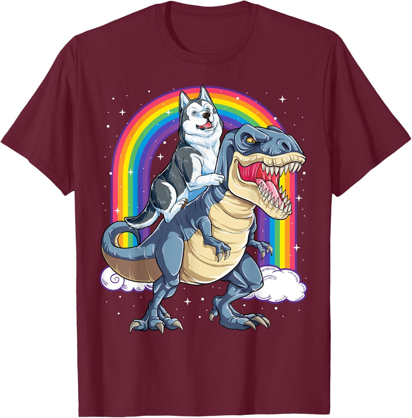 Siberian Husky Riding Dinosaur T-rex Gifts Boys Kids Rainbow T-Shirt - T-Shirt | Maroon