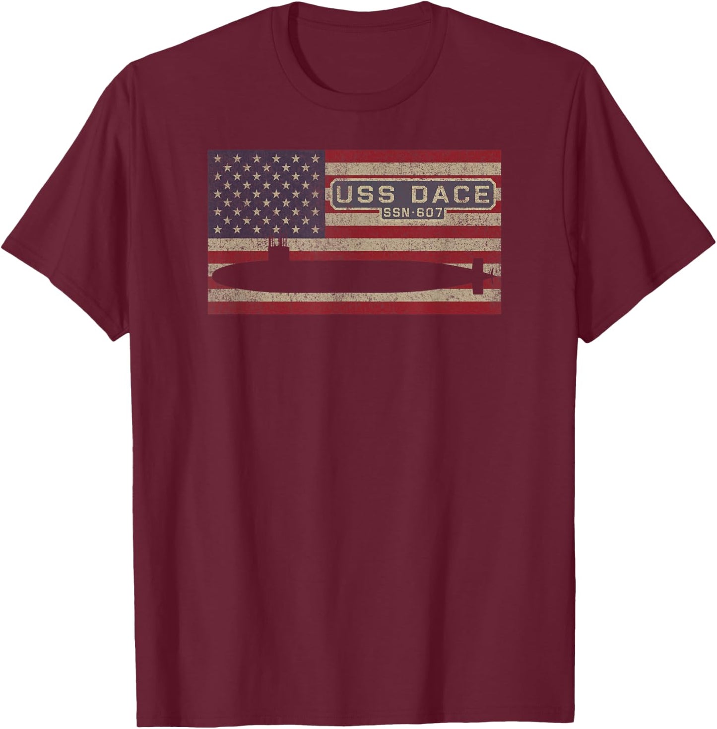 USS Dace SSN-607 Nuclear Submarine American Flag T-Shirt - T-Shirt | Maroon