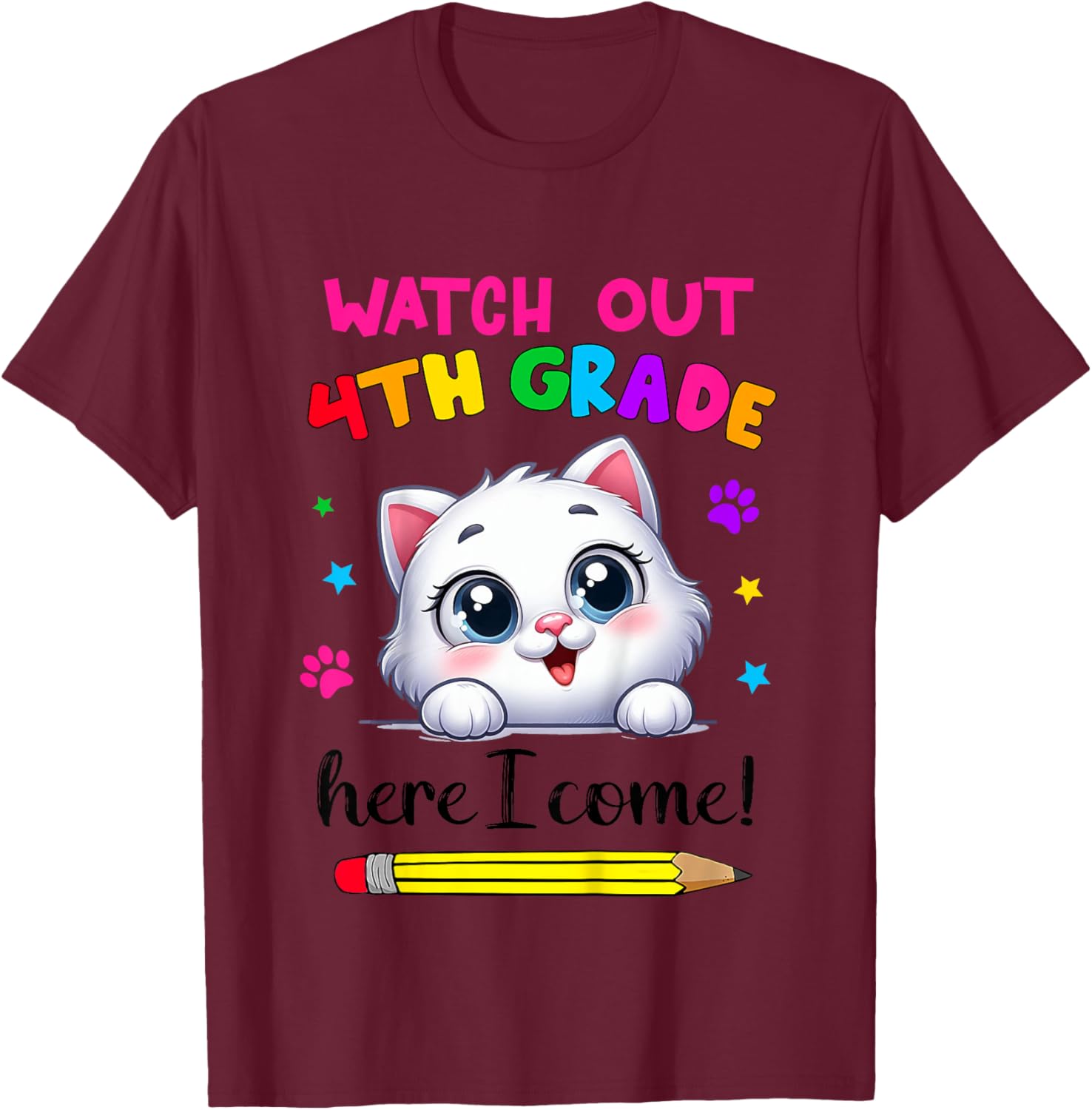 Kids Watch Out 4th Grade Here I Come Girls Cat Back To School T-Shirt - T-Shirt | Maroon