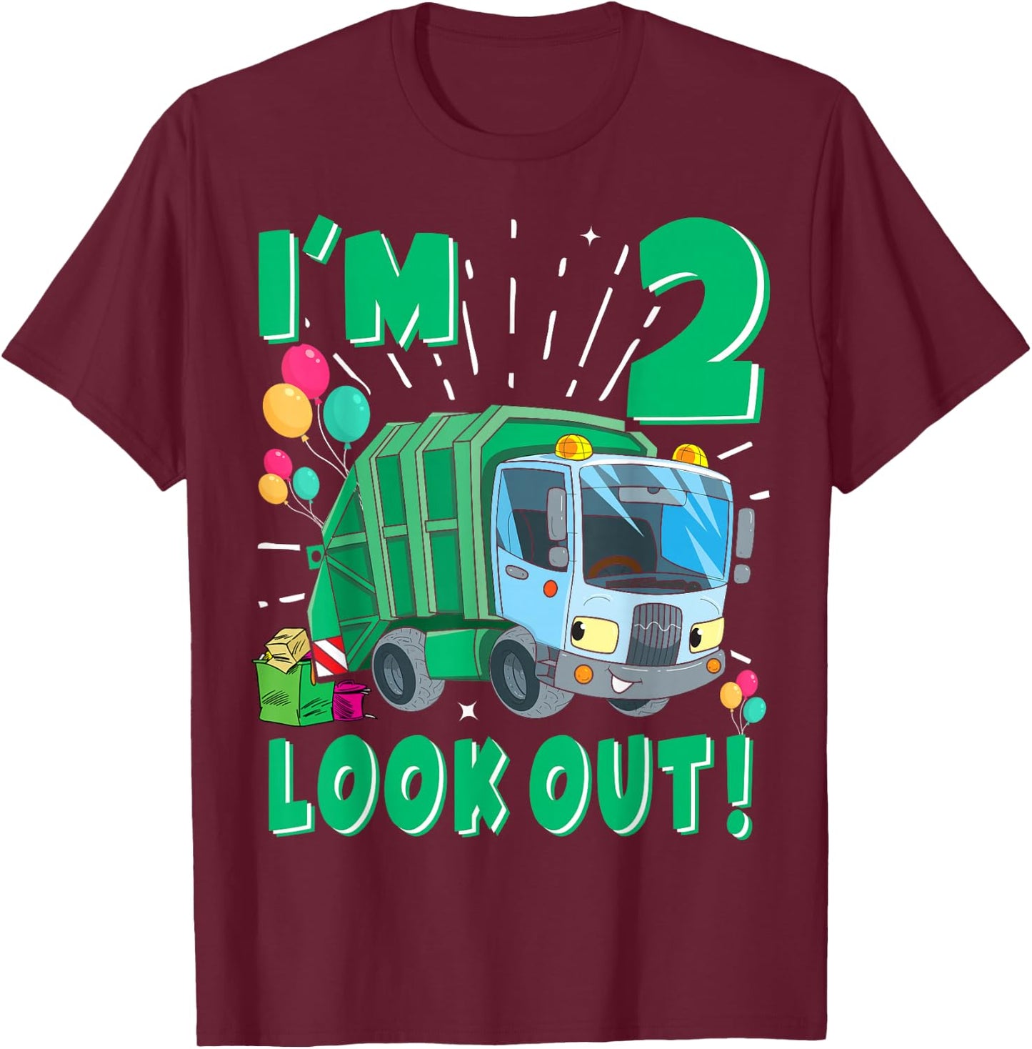 Two 2nd Birthday Garbage Truck Trash Boy 2 Years Old T-Shirt - T-Shirt | Maroon