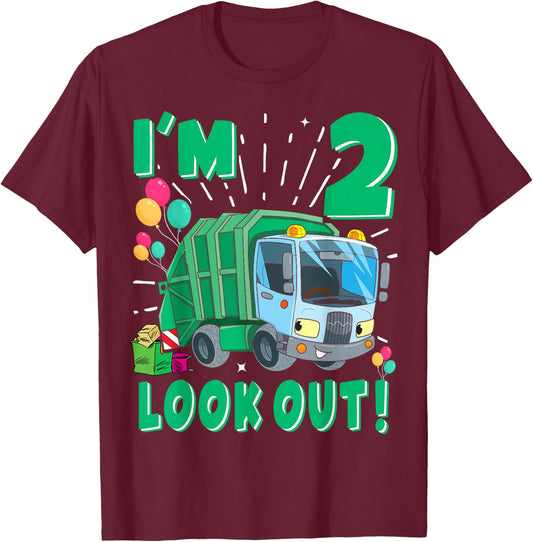 Two 2nd Birthday Garbage Truck Trash Boy 2 Years Old T-Shirt - T-Shirt | Maroon