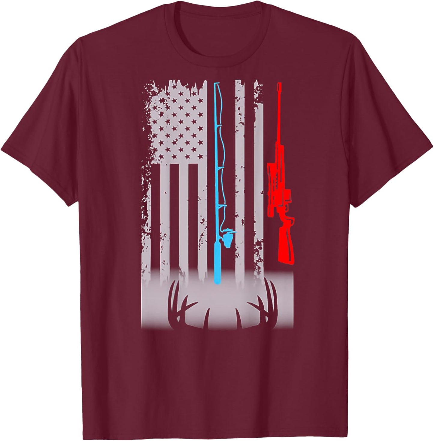 Fishing Rod Shotgun Deer Flag (on back) T-Shirt - T-Shirt | Maroon