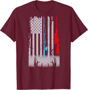 Fishing Rod Shotgun Deer Flag (on back) T-Shirt - T-Shirt | Maroon