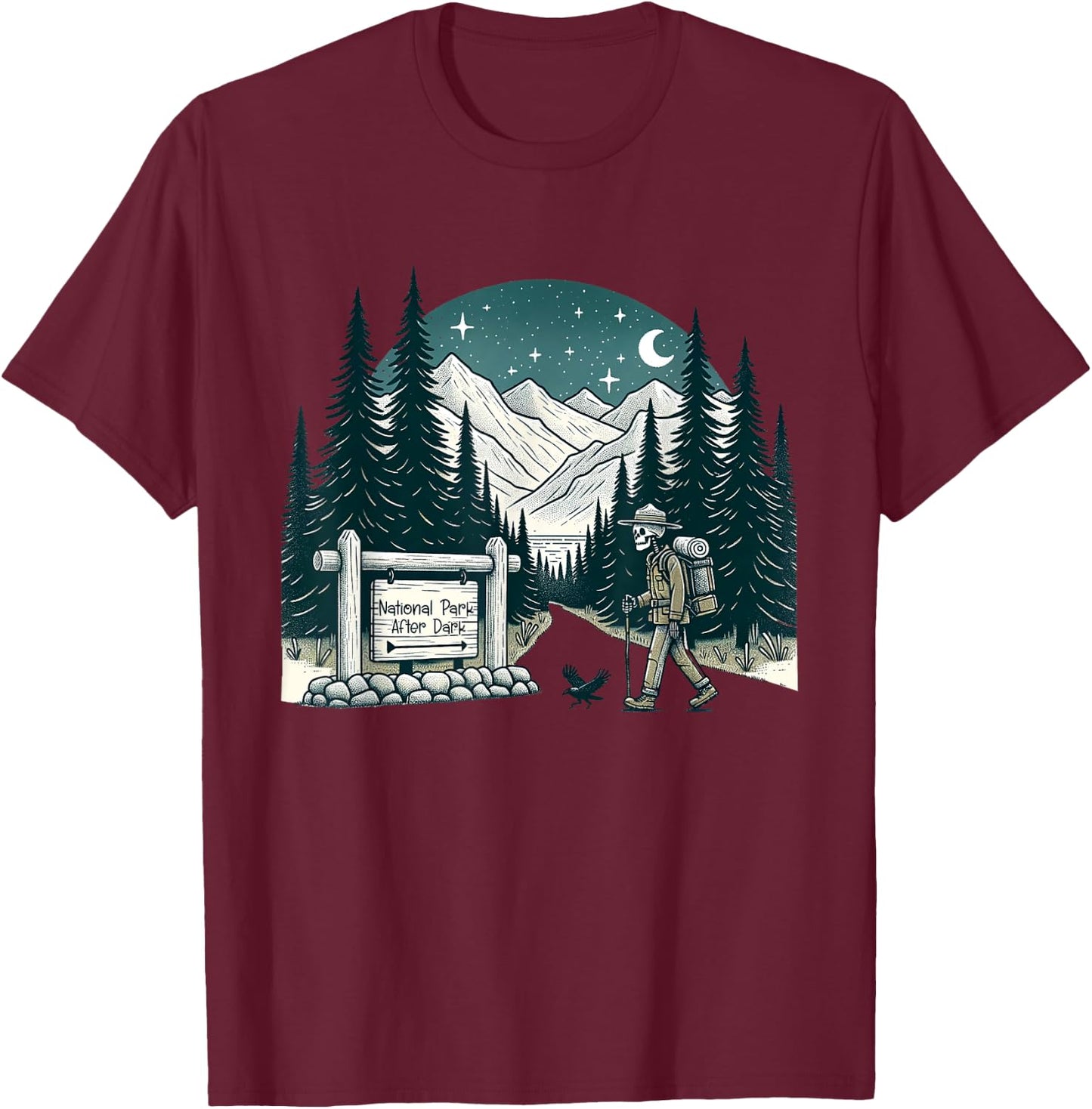 Vintage Retro National Park After Dark Skeleton Hiking Camping Outdoor , Small T-Shirt - T-Shirt | Maroon
