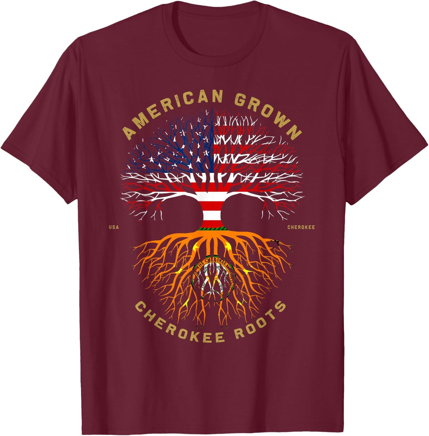 American Grown with Cherokee Roots Tree USA Flag T-Shirt - T-Shirt | Maroon