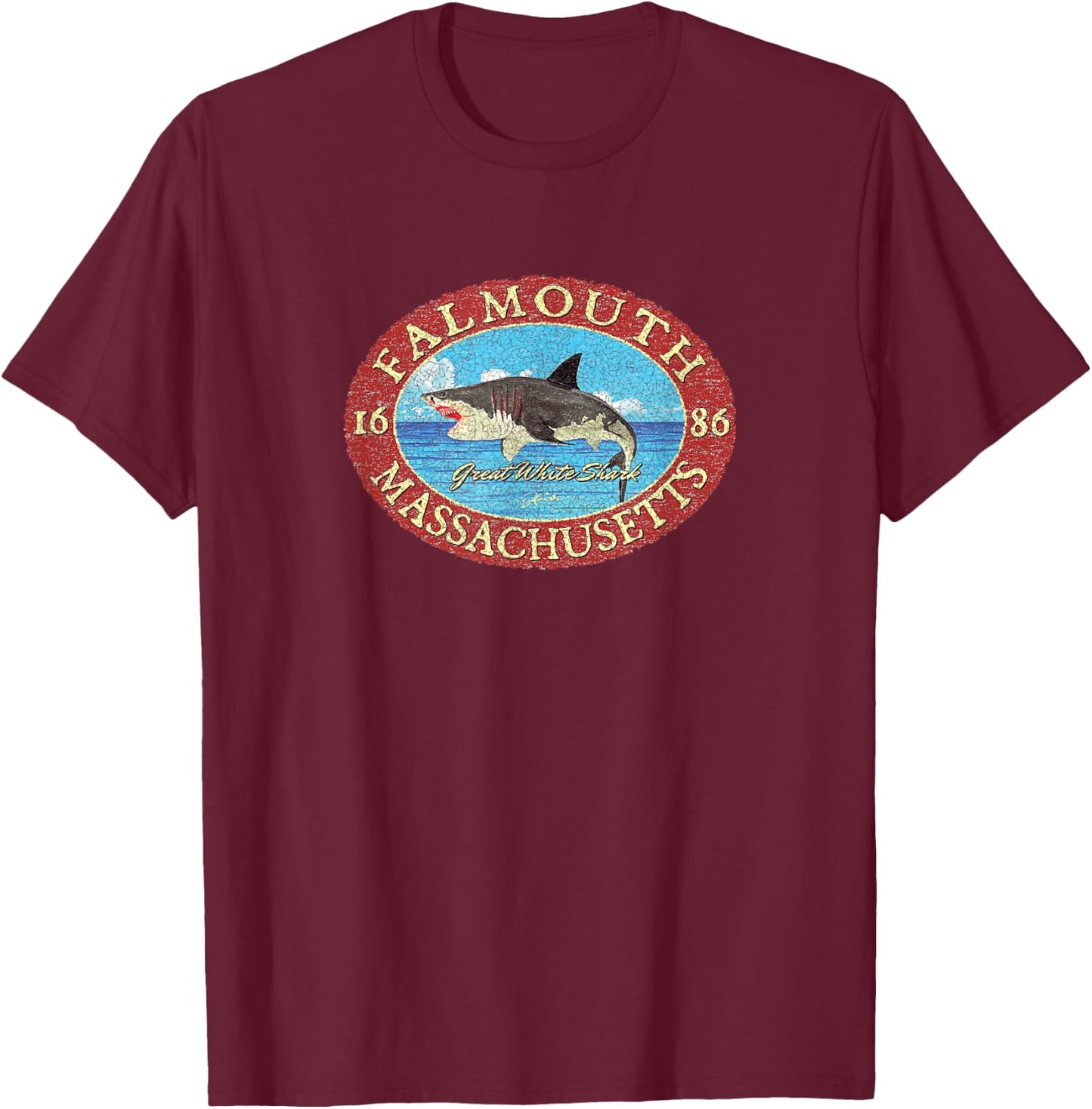 JCombs: Falmouth, MA, Great White Shark and Sea T-Shirt - T-Shirt | Maroon