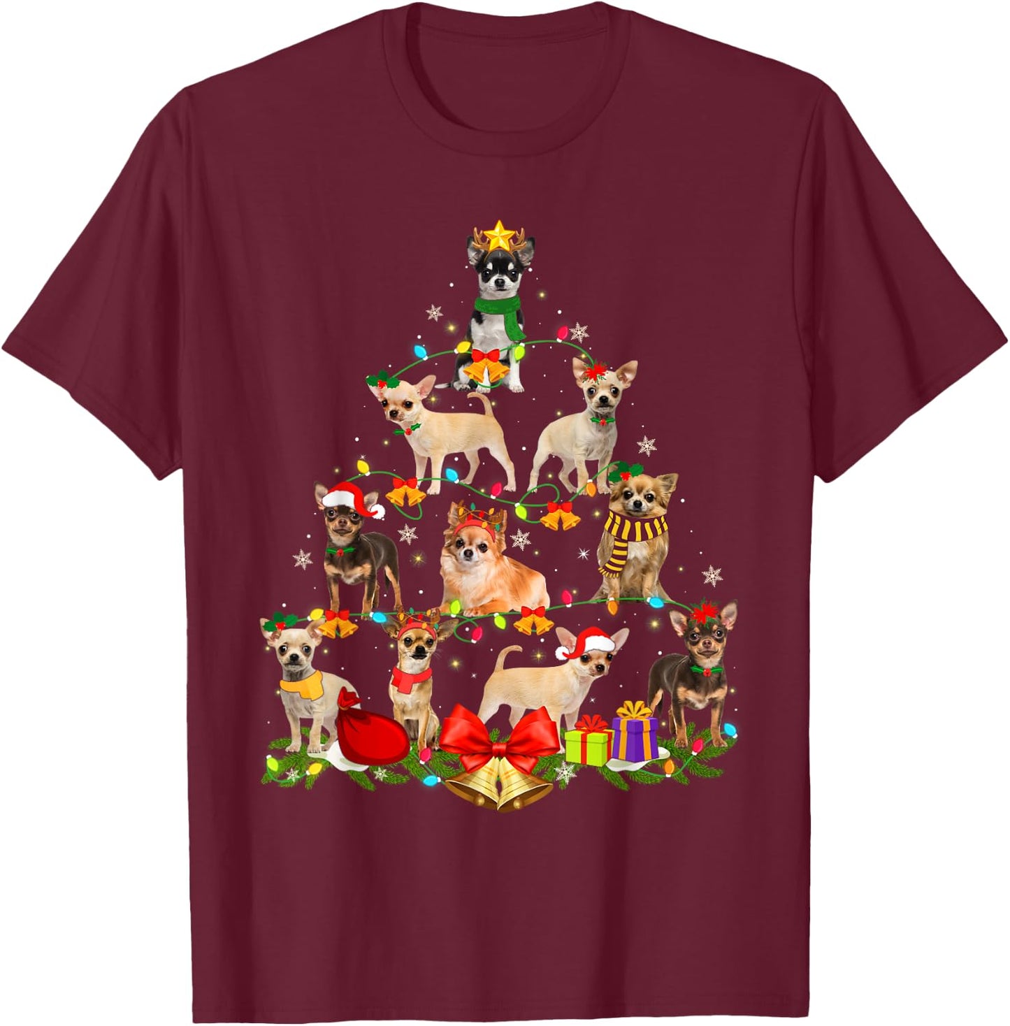 Dog Lover Chihuahua Tree Christmas Light Xmas Pajama Women Kids T-Shirt - T-Shirt | Maroon