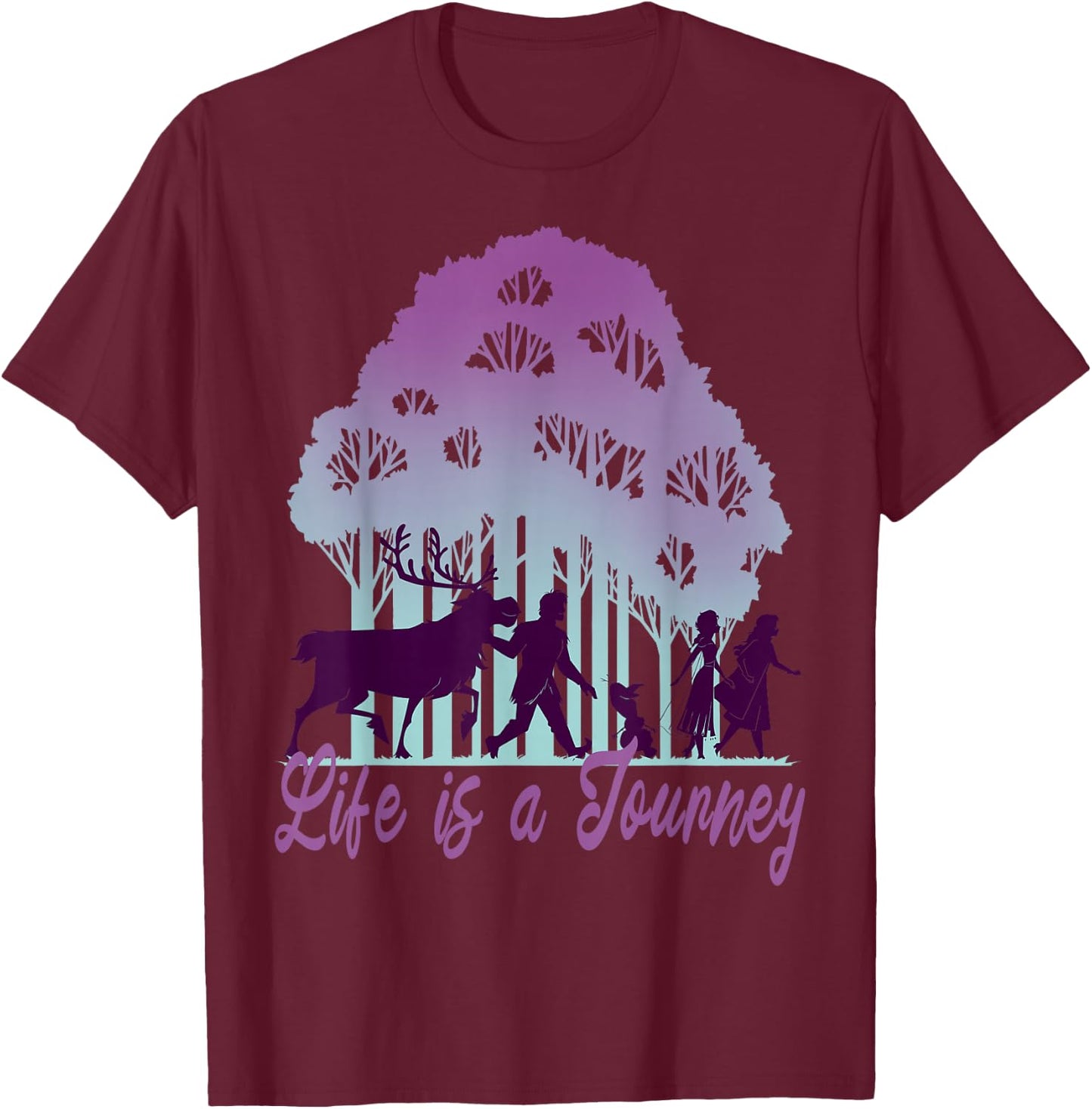Disney Frozen 2 Life Is A Journey Forest Silhouette Text T-Shirt - T-Shirt | Maroon
