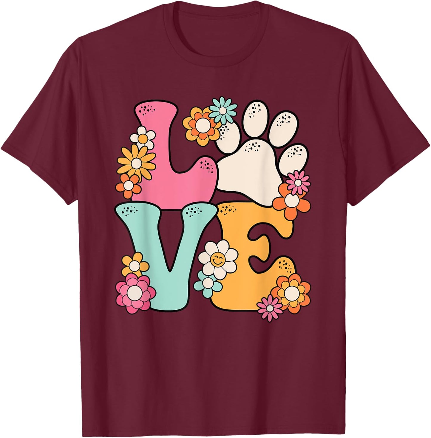Groovy Paw Love Cat Dog Lover Pet Owner Women Girls Kids T-Shirt - T-Shirt | Maroon