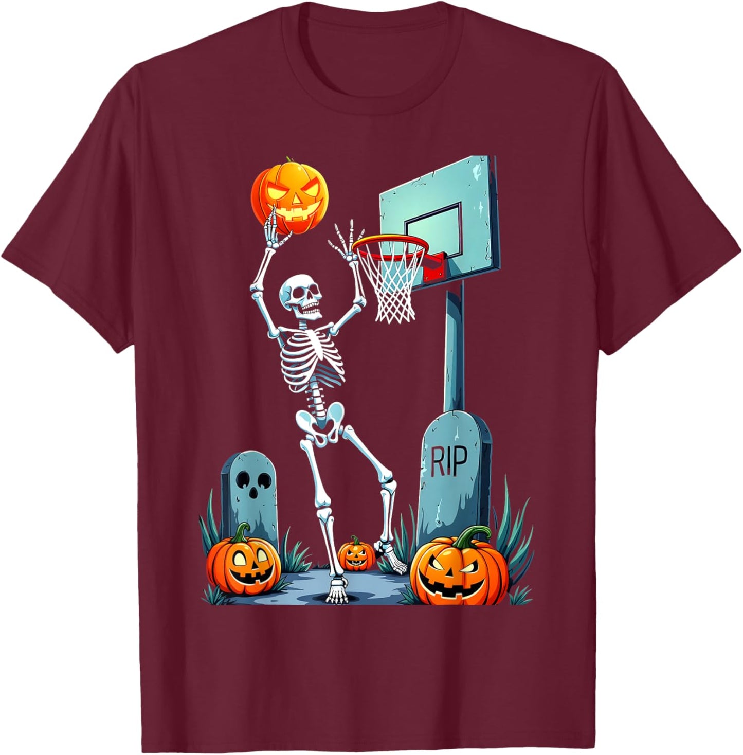 Halloween Basketball Skeleton Pumpkin T-Shirt - T-Shirt | Maroon