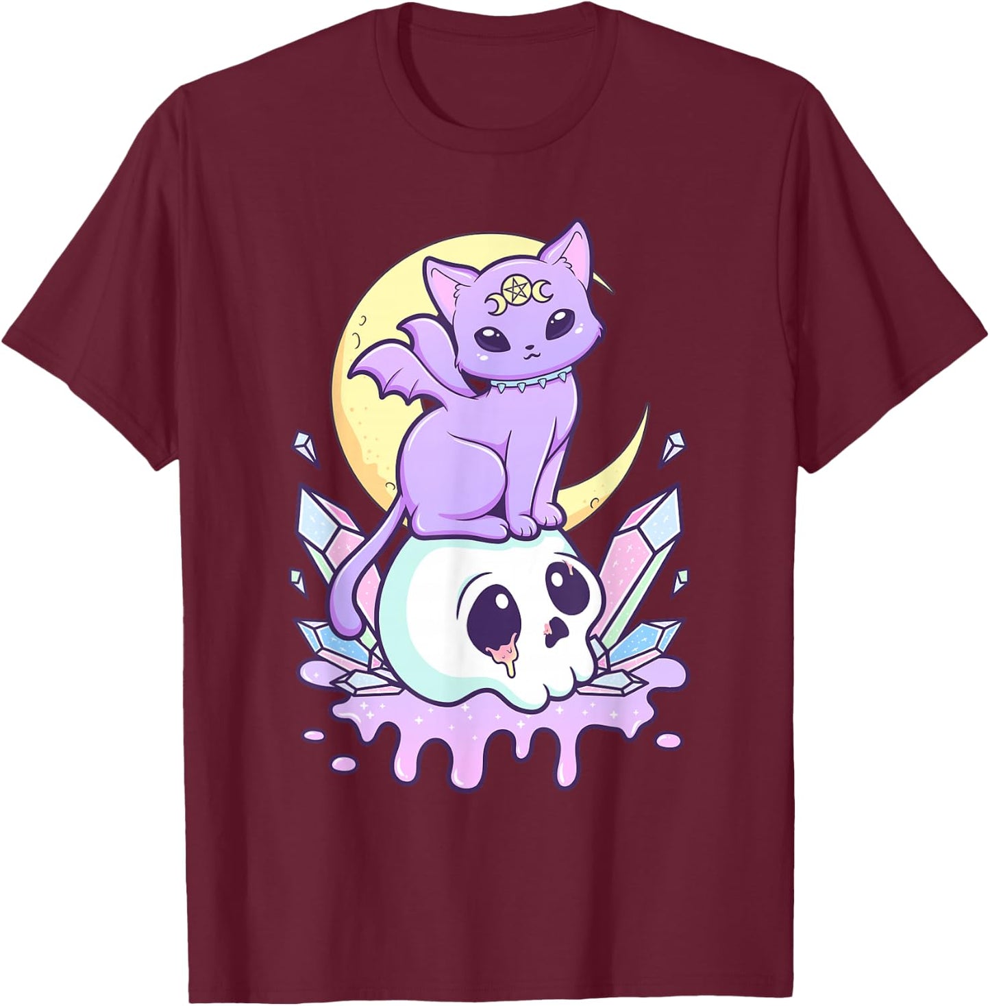 Kawaii Pastel Goth Cute Scary Witchy Cat and Skull T-Shirt - T-Shirt | Maroon
