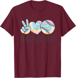 Tie Dye Softball for Teen Girls | Peace Love Play T-Shirt - T-Shirt | Maroon