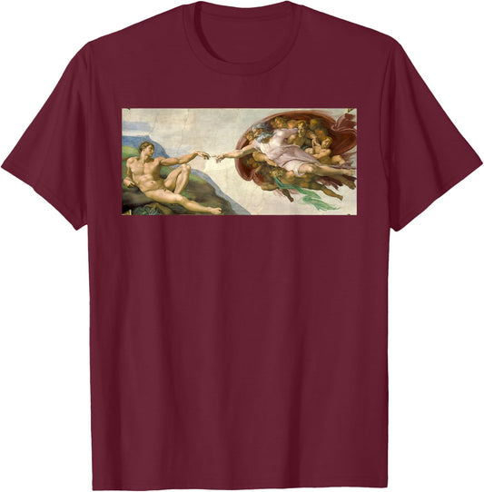 Michelangelo Creation of Adam Art Classic Painting T-Shirt - T-Shirt | Maroon