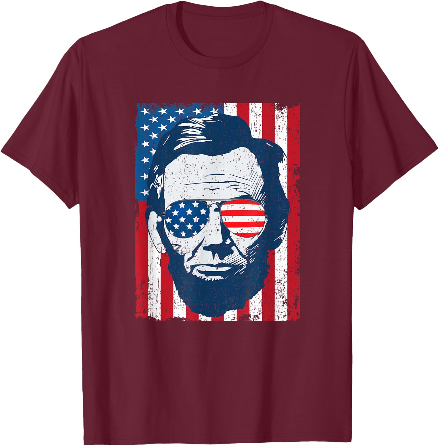 Abe Lincoln Beard Sunglasses & American Flag 4th of July T-Shirt - T-Shirt | Maroon