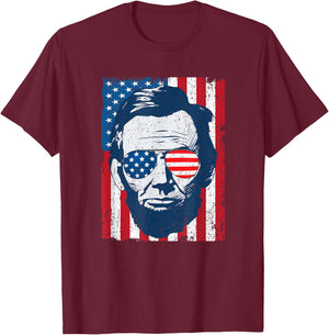Abe Lincoln Beard Sunglasses & American Flag 4th of July T-Shirt - T-Shirt | Maroon