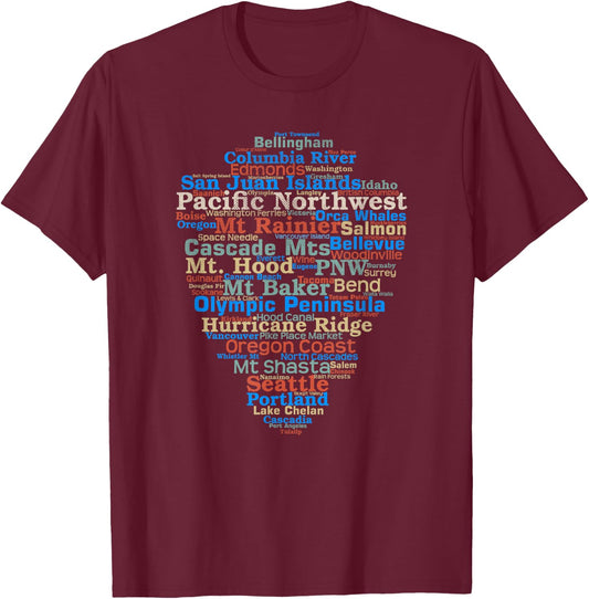 Pacific Northwest Word List Cloud Design Hiking Camping T-Shirt - T-Shirt | Maroon