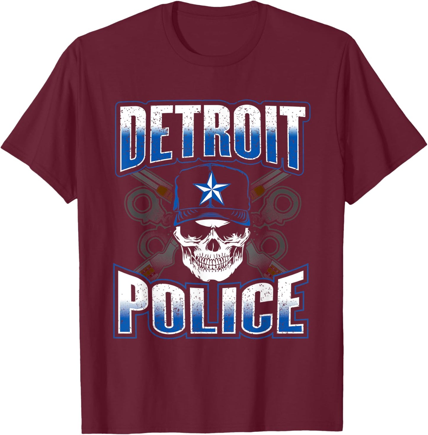 Detroit Michigan PD Policeman Graphic Skull Guns Thin Blue T-Shirt - T-Shirt | Maroon