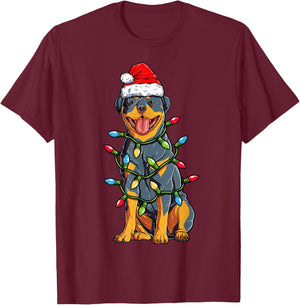 Rottweiler Santa Christmas Tree Lights Xmas Boys Dog Dogmas T-Shirt - T-Shirt | Maroon
