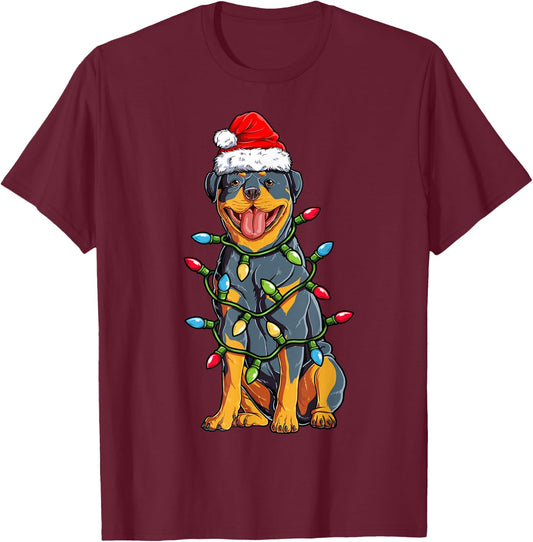 Rottweiler Santa Christmas Tree Lights Xmas Boys Dog Dogmas T-Shirt - T-Shirt | Maroon