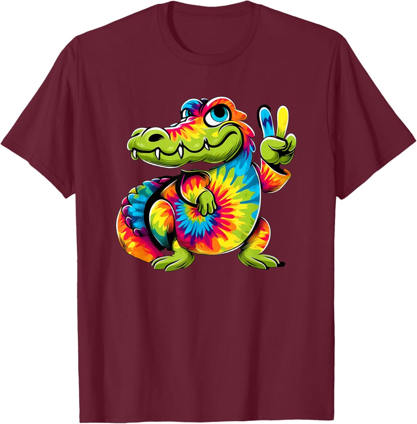 Peace Sign Tie Dye Crocodile T-Shirt - T-Shirt | Maroon
