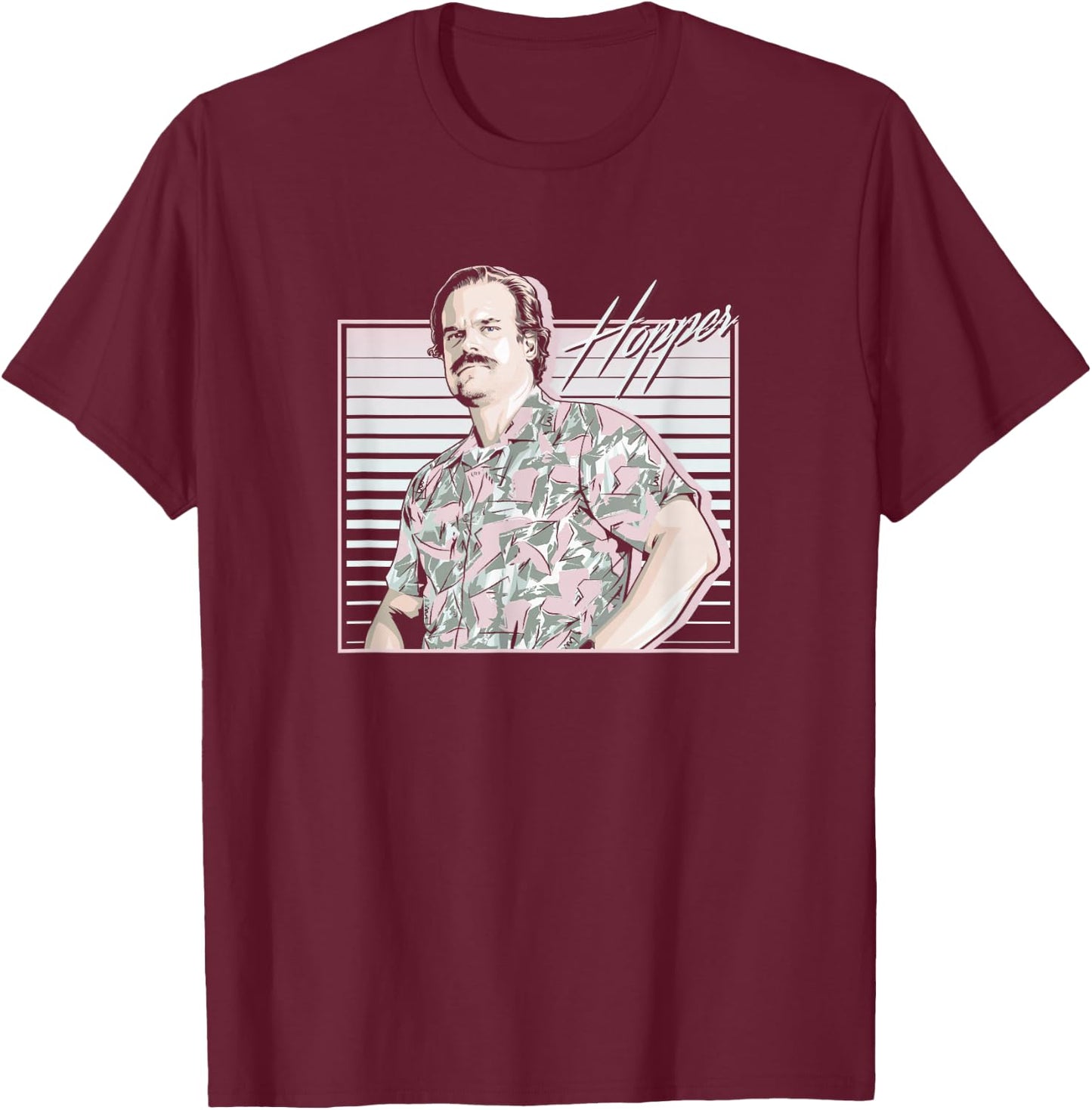 Stranger Things Hopper Hawaiian Shutter Background T-Shirt - T-Shirt | Maroon