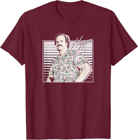 Stranger Things Hopper Hawaiian Shutter Background T-Shirt - T-Shirt | Maroon