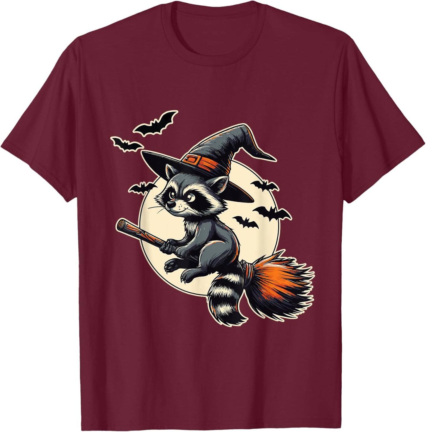 Raccoon Witch on Broom Halloween T-Shirt - T-Shirt | Maroon