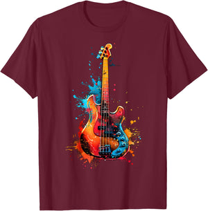 Bass Guitar Instrument on Colorful Painted Bass Guitar T-Shirt - T-Shirt | Maroon